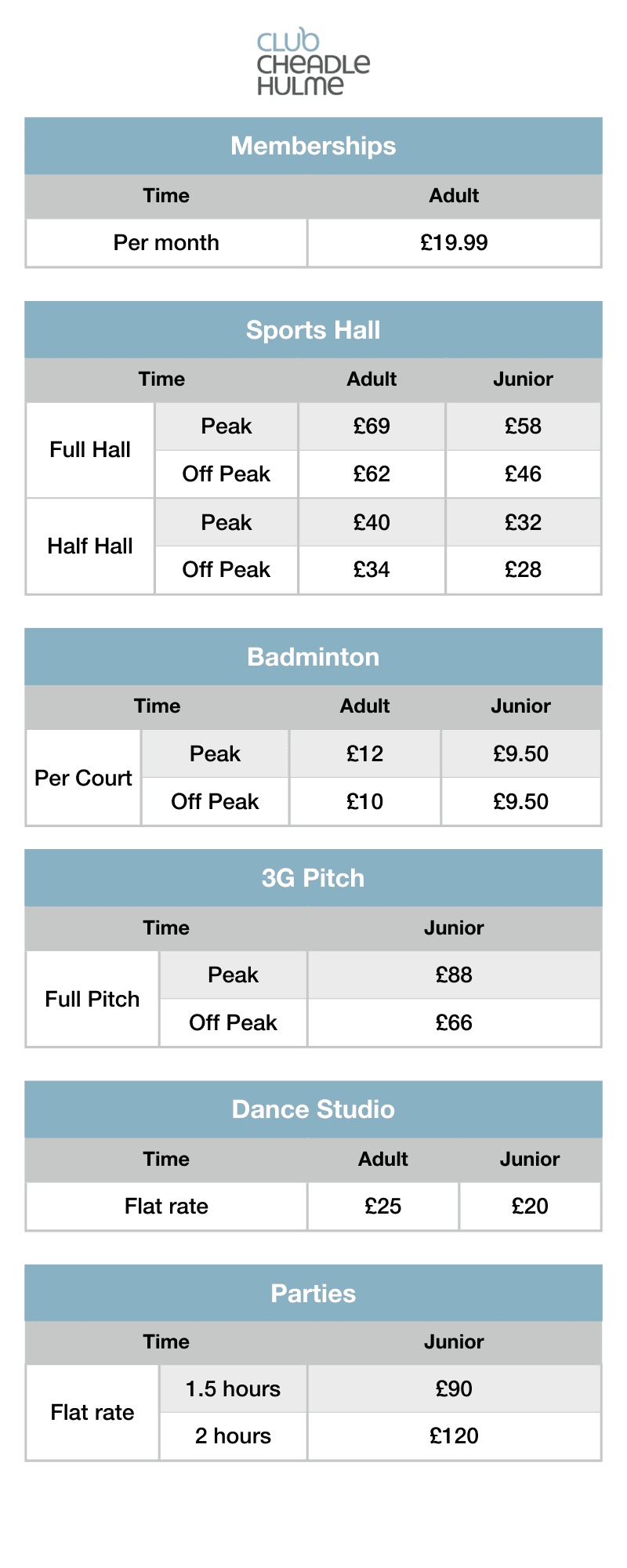 Price list for facilities at Club Cheadle Hulme. Please contact us for full details by visiting the contact page on our website.